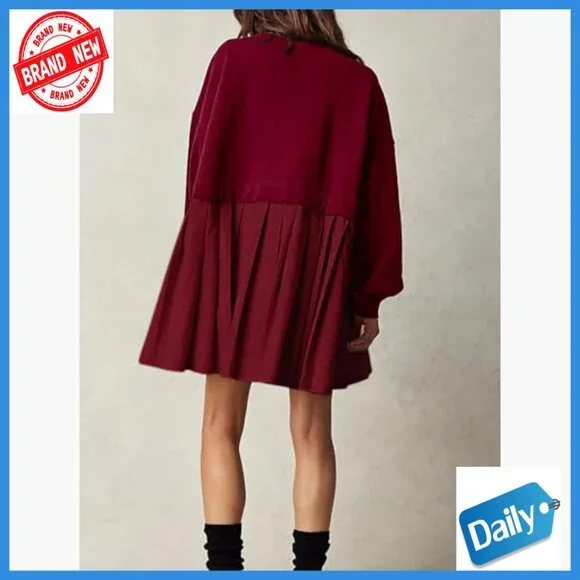 Oversized Sweatshirt Dress Crew Neck Long Sleeve Patchwork Pullover Mini Dress - Picture 4 of 7